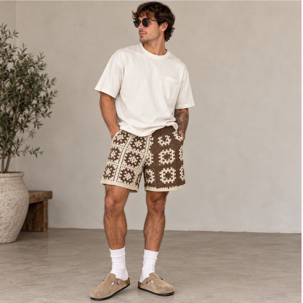 BoohooMAN Mens XL Knit Geometric Colorblock Shorts Brown Cream Pointelle